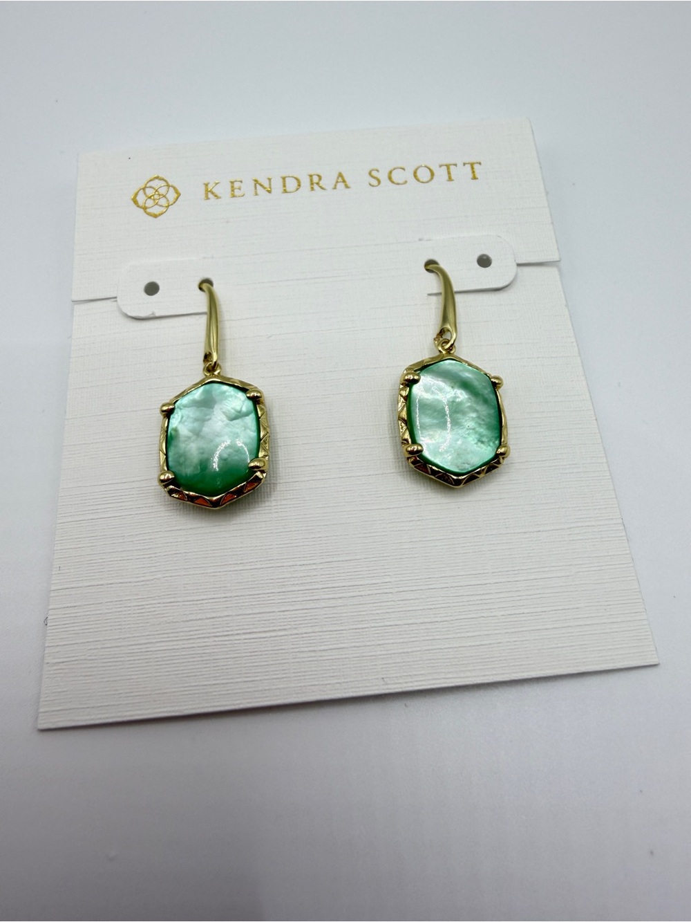Kendra Scott Gold-Tone Drop Earrings with Light Green Stones - Picture 2 of 6